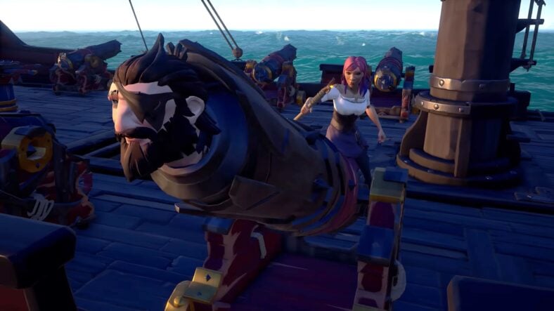 Pirate locked and loaded into a cannon in Sea of Thieves (2018), Xbox Game Studios.