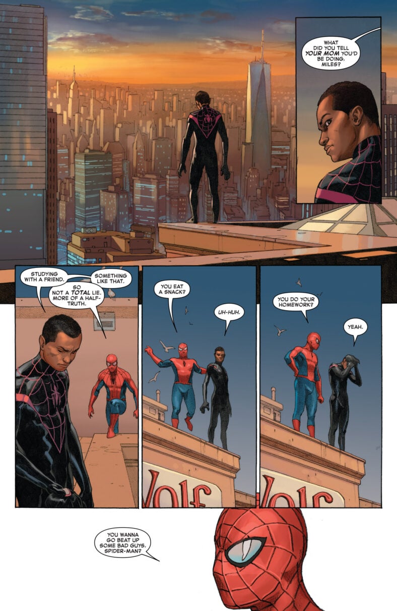 Miles Morales adjusts to his new Earth-616 reality in Secret Wars Vol. 1 #9 "Beyond" (2016), Marvel Comics. Words by Jonathan Hickman, art by Esad Ribić, Ive Svorcina, and Clayton Cowles.
