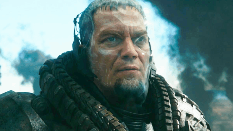 General Zod (Michael Shannon) is surprised to find Kara (Sasha Calle) survived Krypton's destruction in The Flash (2023), Warner Bros. Pictures