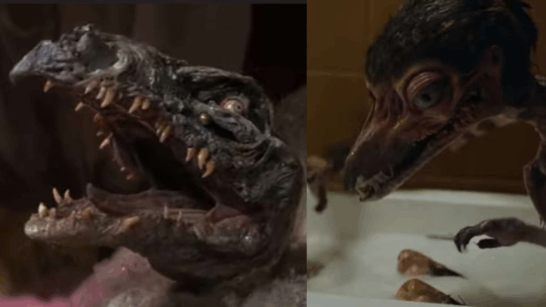 Skeksis emperor from The Dark Crystal (1982) Universal Pictures and his potential progeny in Hatching (2022) Nordisk Film