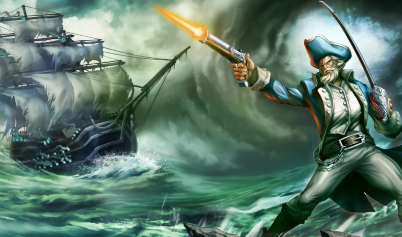 Gangplank (Dennis Collins Johnson) defends the colonies against the British in League of Legends (2009), Riot Games