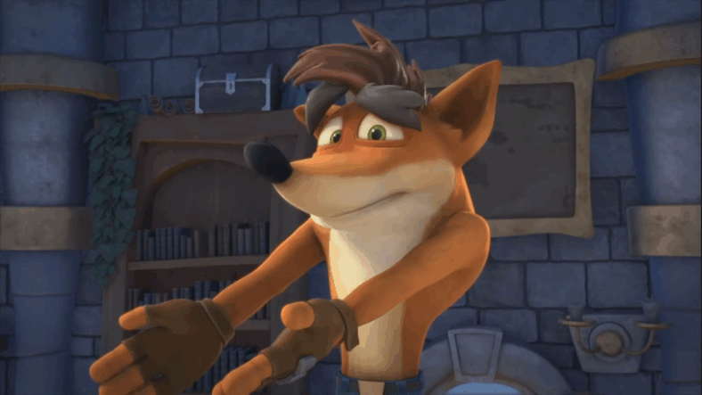 Crash Bandicoot (Eric Rogers) confused as how he's in the world of Skylanders in The Skylands Are Falling!, Skylanders Academy (2016), TeamTO, Activision Blizzard Studios