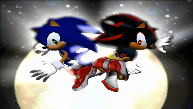 Sonic (Ryan Drummond) and Shadow David Humphrey) in front of the moon in Sonic Adventure 2: Battle (2001), SEGA