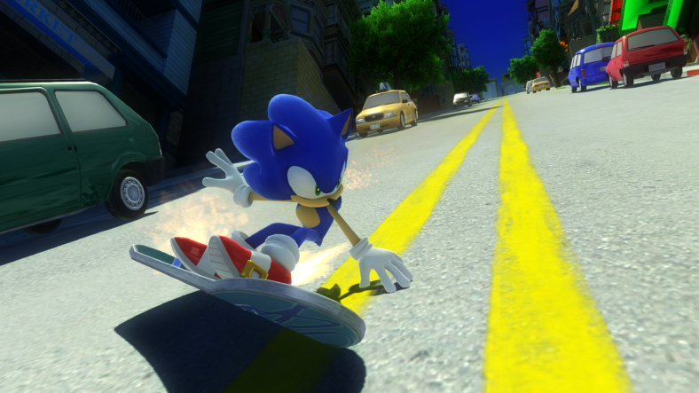 Sonic (Roger Craig Smith) escapes from the city in Sonic X Shadow Generations (2024), Sega