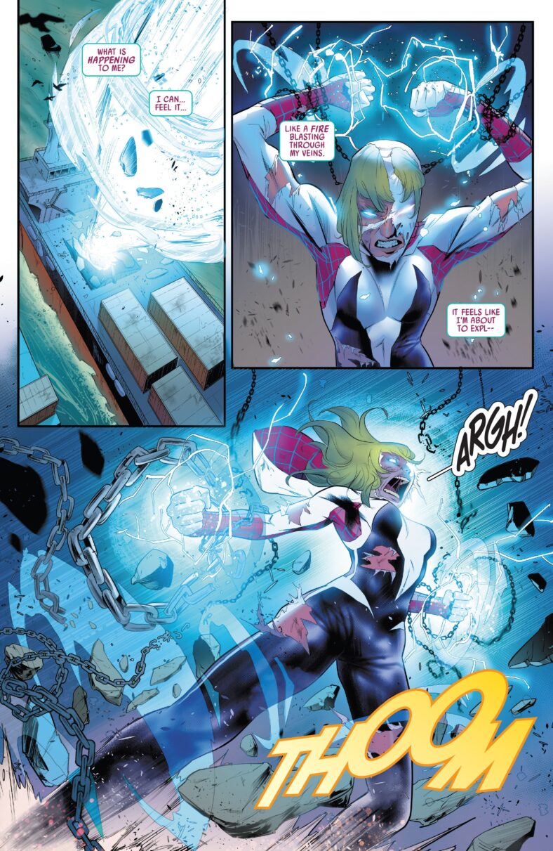 Gwen Stacy discovers a new way to unleash her bio-electricity in Spider-Gwen - The Ghost Spider Vol. 1 #3 "Haunted Part 3" (2024), Marvel Comics. Words by Stephanie Phillips, art by Federica Mancin, Paolo Villanelli, Matt Milla, and Ariana Maher. 