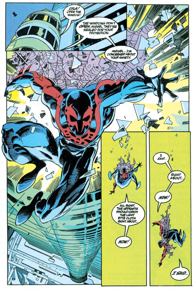 Miguel O'Hara dons his suit for the first time in Spider-Man 2099 Vol. 1 #1 (1992), Marvel Comics. Words by Peter David, art by RIck Leonardi, Al Williamson, Noelle Giddings, and Rick Parker.