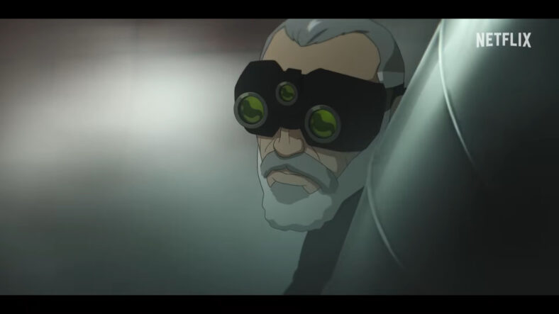 Sam Fisher (Liev Schreiber) peeks around a corner in Tom Clancy's Splinter Cell: Deathwatch (2025), Netflix