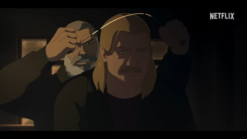 Sam Fisher (Liev Schreiber) garrotes an unassuming enemy in Tom Clancy's Splinter Cell: Deathwatch (2025), Netflix