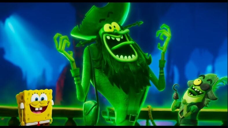 SpongeBob (voiced by Tom Kenny), The Flying Dutchman (voiced by Mark Hamill), and Barb (voiced by Regina Hall) laughing together in The SpongeBob Movie: Search for SquarePants (2025), Paramount Animation Studios