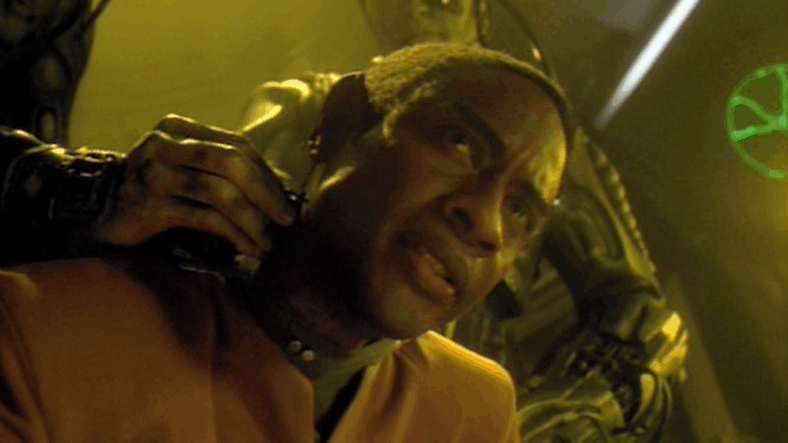 Tuvok (Tim Russ) is 'welcomed' to the Borg Cube in Star Trek: Voyager Season 3 Episode 26 "Scorpion, Pt. 1" (1997), Paramount