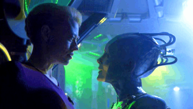 The Borg Queen (Alice Krige) taunts Seven of Nine (Jeri Ryan) in Star Trek: Voyager Season 7 Episodes 25/26 "Endgame" (2001), Paramount