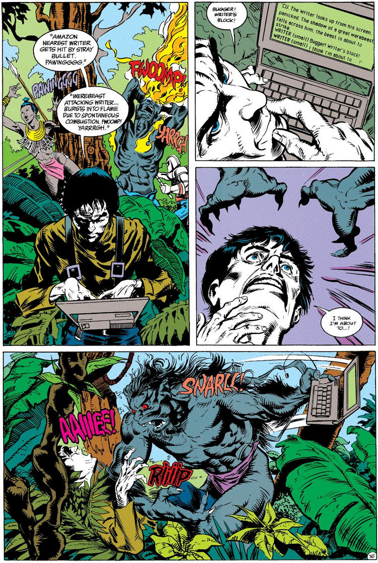 The Writer (Grant Morrison) catches a fatal case of writer's block in Suicide Squad Vol. 1 #58 "Suicide Attack!" (1991), DC. Words by John Ostrander and Kim Yale, art by Geof Isherwood, Robert Campanella, Tom McCraw, and Todd Klein.