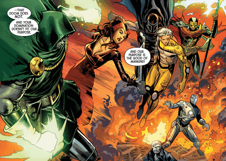 Doctor Doom, the Scarlet Witch, Magneto, Quicksilver, and Doctor Voodoo confront the Superior Iron Man in Avengers & X-Men: AXIS Vol. 1 #1 "New World Disorder: Chapter 3 - Grinding Halt" (2014), Marvel Comics. Words by Rick Remender, art by Jim Cheung, Paul Mounts, and Chris Eliopoulos.