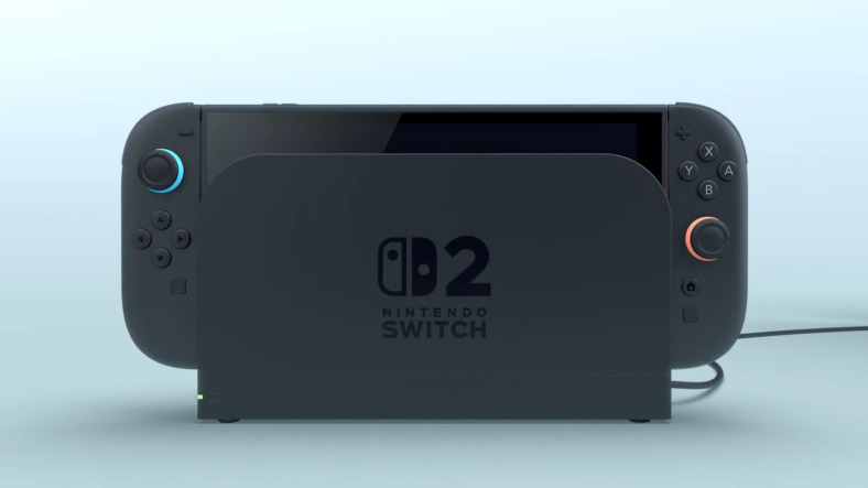 The Nintendo Switch 2 in its rounded dock in Nintendo Switch 2 – First-look trailer, YouTube