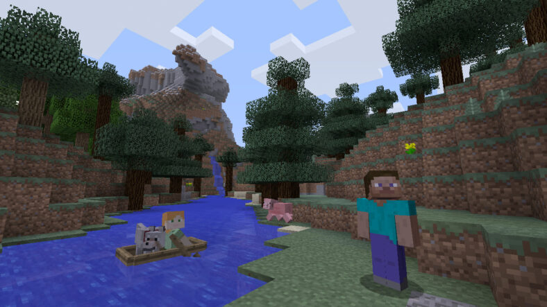 Players explore a new world alongside animals in Minecraft (2011), Mojang Studios, Xbox Game Studios