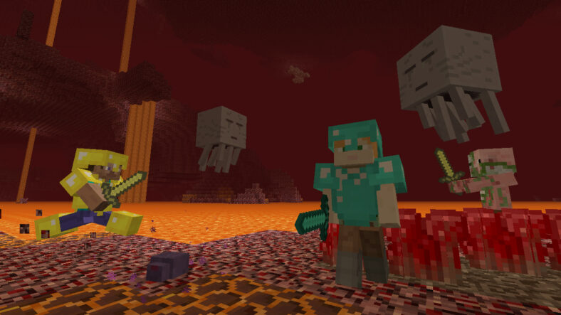 Players explore The Nether, avoiding Ghasts and Zombified Piglin in Minecraft (2011), Mojang Studios, Xbox Game Studios