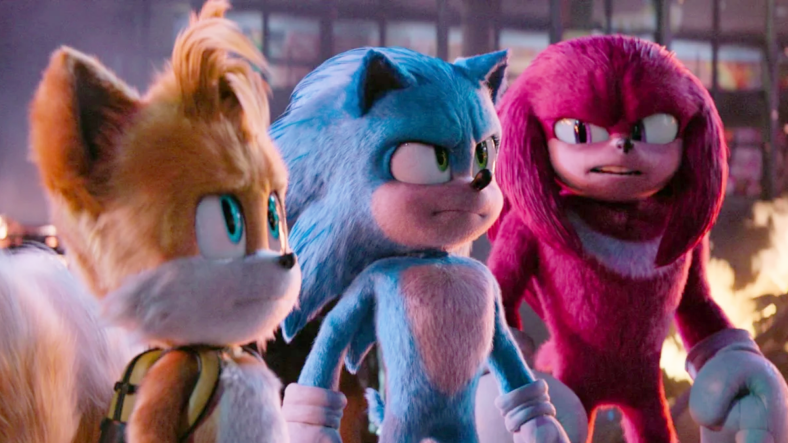 Sonic (Ben Schwartz), Tails (Colleen O'Shaughnessey), and Knuckles (Idris Elba) confront Shadow (Keanu Reeves) in Sonic the Hedgehog 3 (2024), Paramount Pictures