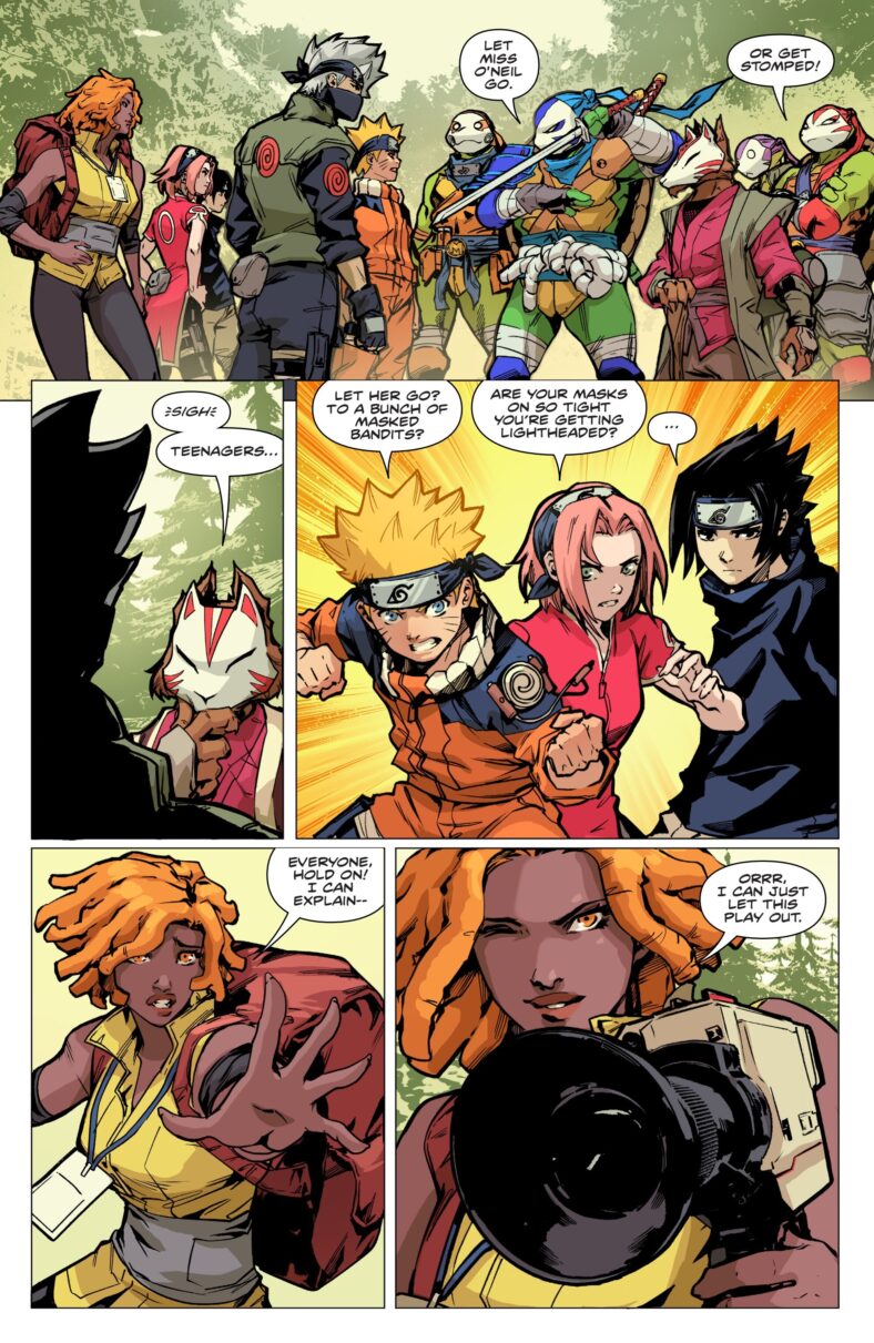 The Turtles and Team 7 are ready to brawl over a misunderstanding in Teenage Mutant Ninja Turtles x Naruto (2024), IDW. Words by Caaleb Goellner, art by Hendry Prasetya, Raúl Angulo, and Ed Dukeshire.