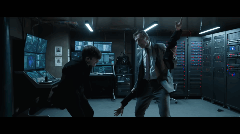 Frank Drebin Jr. (Liam Neeson) disarms a poor soul in The Naked Gun (2025), Paramount Pictures