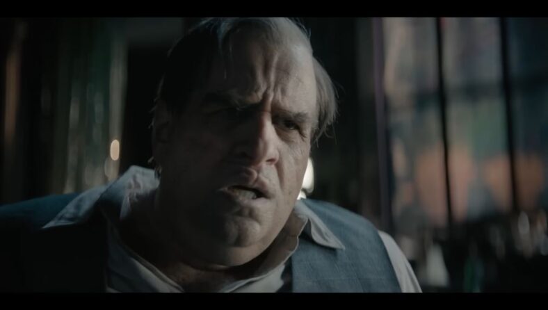 Oswald (Colin Farrell) denies killing his brothers in front of his mother (Deirdre O'Connell) and Sofia (Cristin Milioti) in The Penguin Season 1 Episode 8 "A Great or Little Thing" (2024), Warner Bros. Television