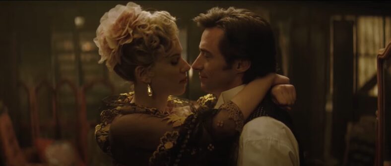 Olivia Wenscombe (Scarlett Johansson) kissing Robert Angiers (Hugh Jackman) in The Prestige, 2006, Warner Bros Pictures