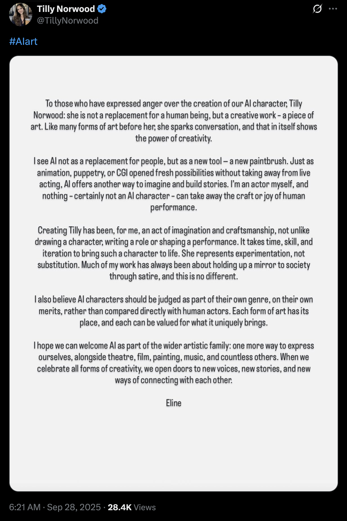 Tilly Norwood (TillyNorwood) via X