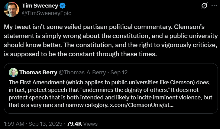 Thomas Berry explains the first amendment covers speech that undermines dignity, but not incitement to violence. Tim Sweeney asserts a public university should defend free speech even in those cases, via X