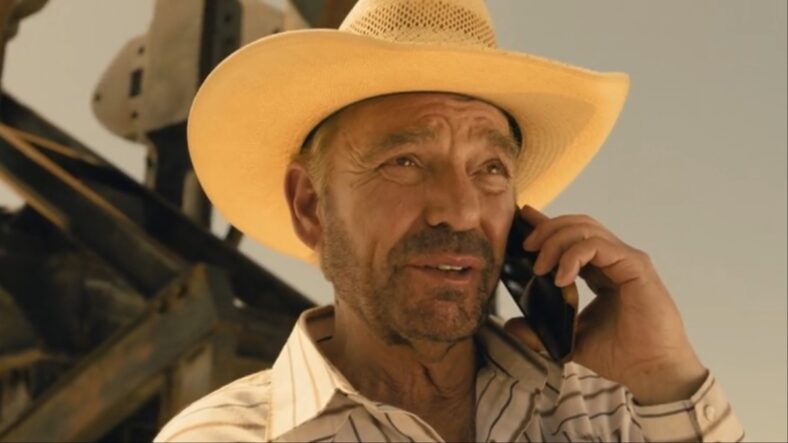 Tommy Norris (Billy Bob Thornton) receives Angela's (Q'orianka Kilcher) call in Landman Season 1 Episode 5 "You Owe Me A Lot Of Money" (2024), Paramount Network