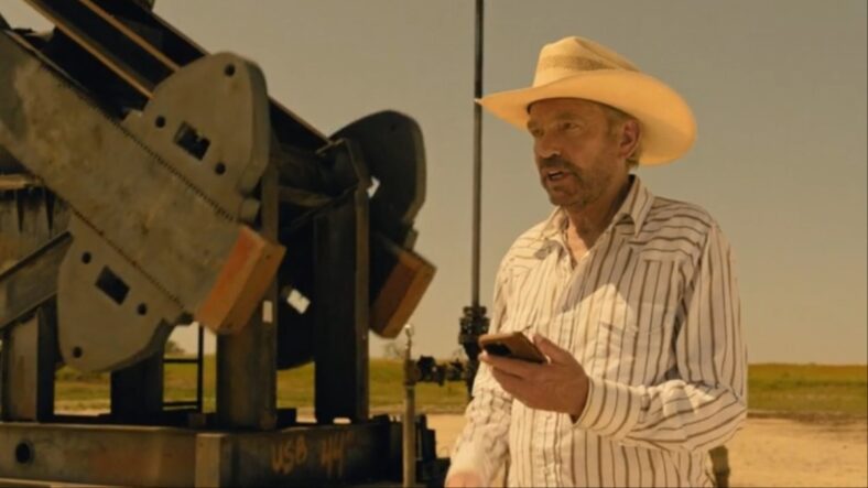 Tommy Norris (Billy Bob Thornton) receives Angela's (Q'orianka Kilcher) call in Landman Season 1 Episode 5 "You Owe Me A Lot Of Money" (2024), Paramount Network