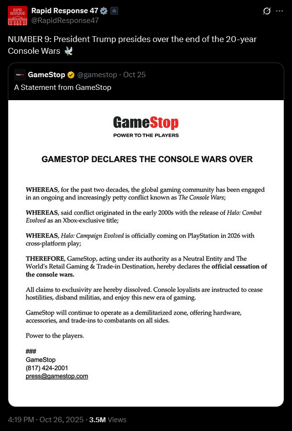 The Trump Admin and GameStop celebrate the end of the Console Wars with AI-generated images of Donald Trump and Master Chief.