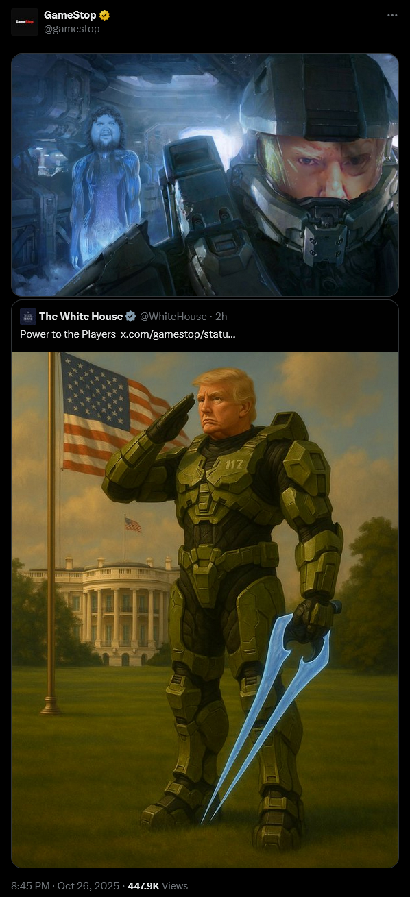 The Trump Admin and GameStop celebrate the end of the Console Wars with AI-generated images of Donald Trump and Master Chief.