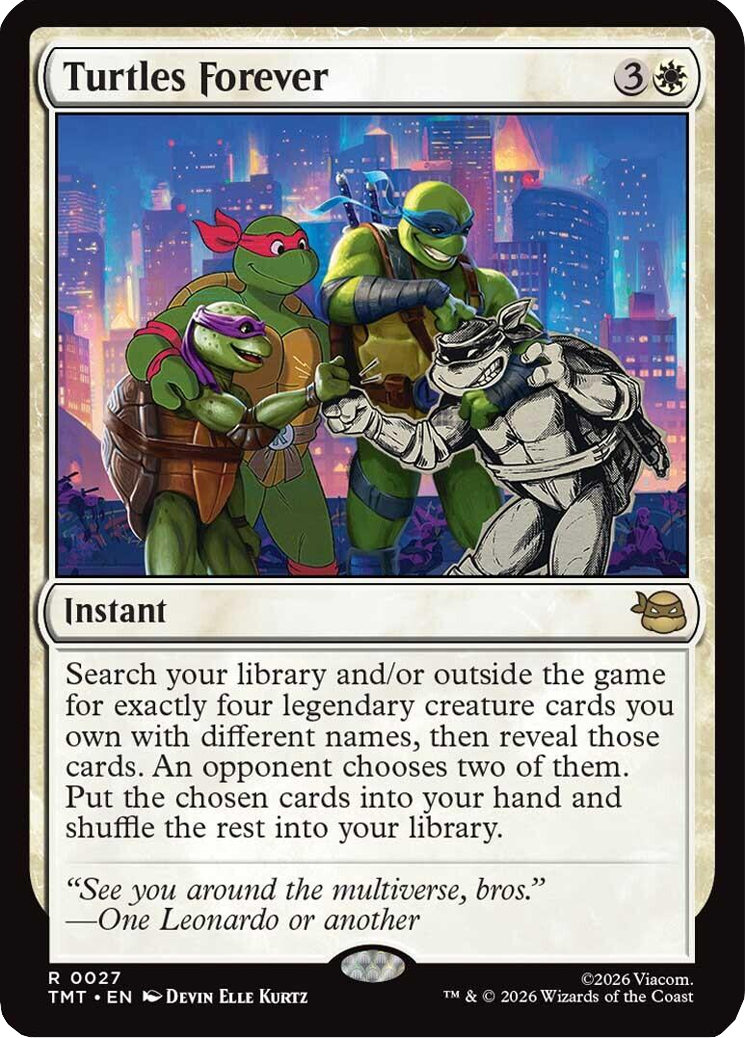 Neither time nor dimensions can break Donatello, Raphael, Leonardo, and Michelangelo's bond via Turtles Forever (Card #027), Magic: The Gathering – Teenage Mutant Ninja Turtles (2026), Wizards of the Coast. Art by Devin Elle Kurtz.