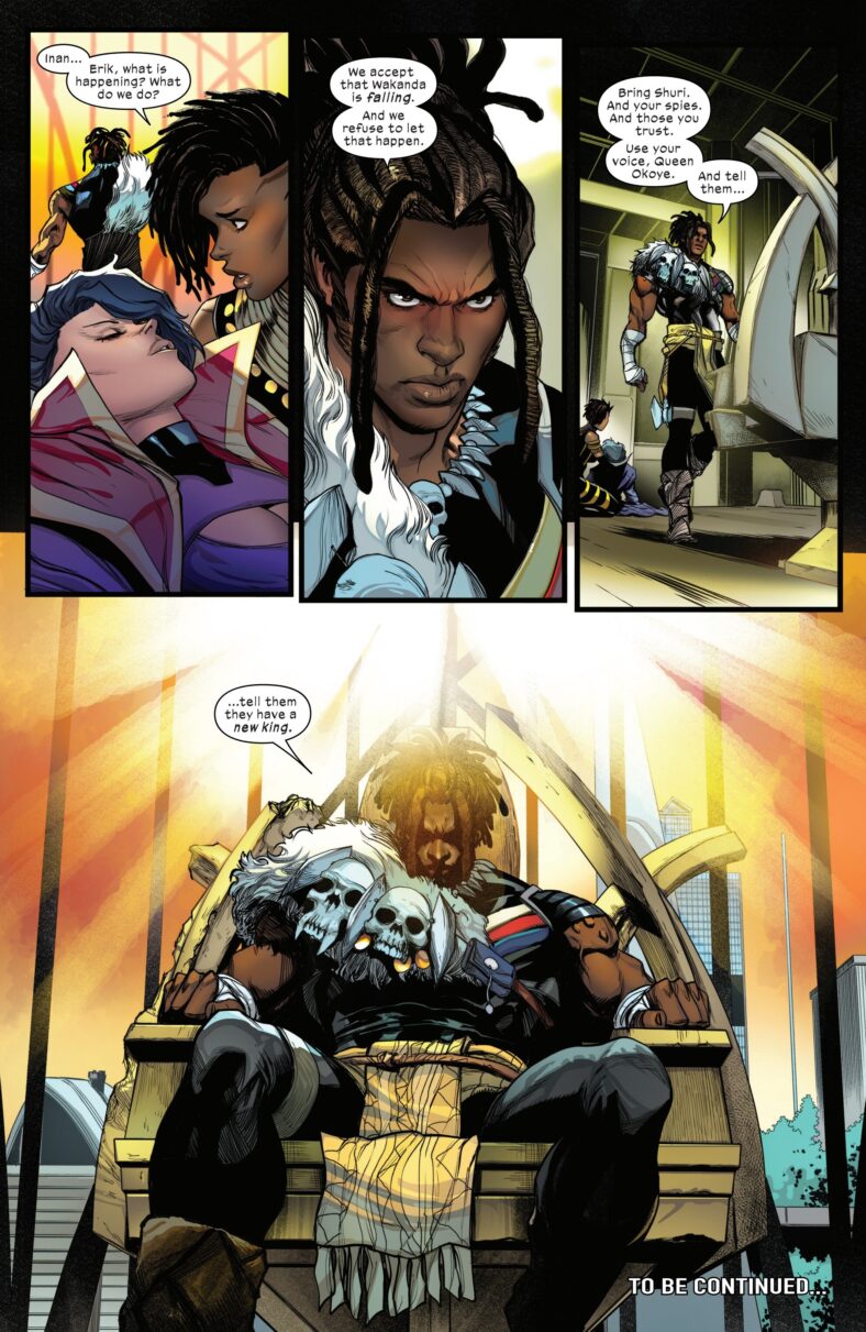 Erik Kilmonger takes the throne to defend Wakanda in T'Challa's absence in Ultimate Black Panther Vol. 1 #17 (2025), Marvel Comics. Words by Bryan Edward Hill, art by Stefano Caselli, David Curiel, and Joe Caramagna.