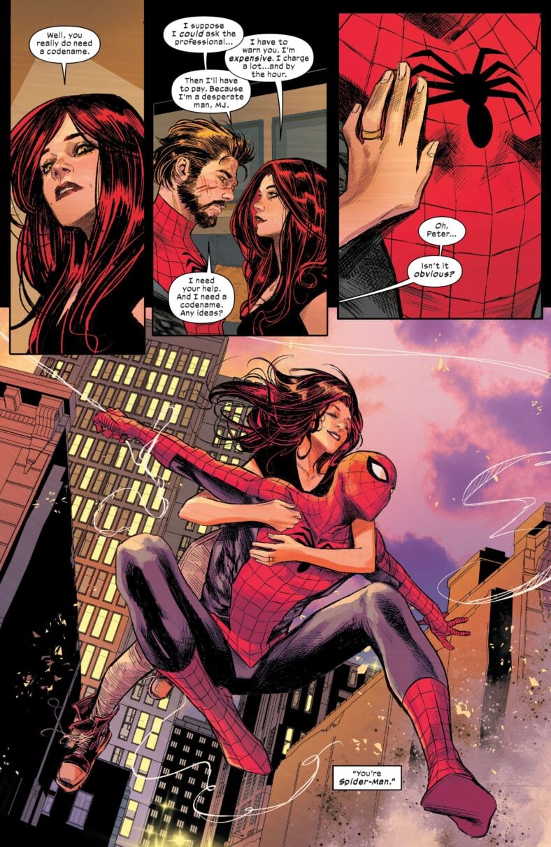 Mary-Jane and Peter take to the skies of New York City in Ultimate Spider-Man Vol. 1 #1 (2024), Marvel Comics. Words by Jonathan Hickman, art by Marco Checchetto, Matthew Wilson, and Cory Petit.