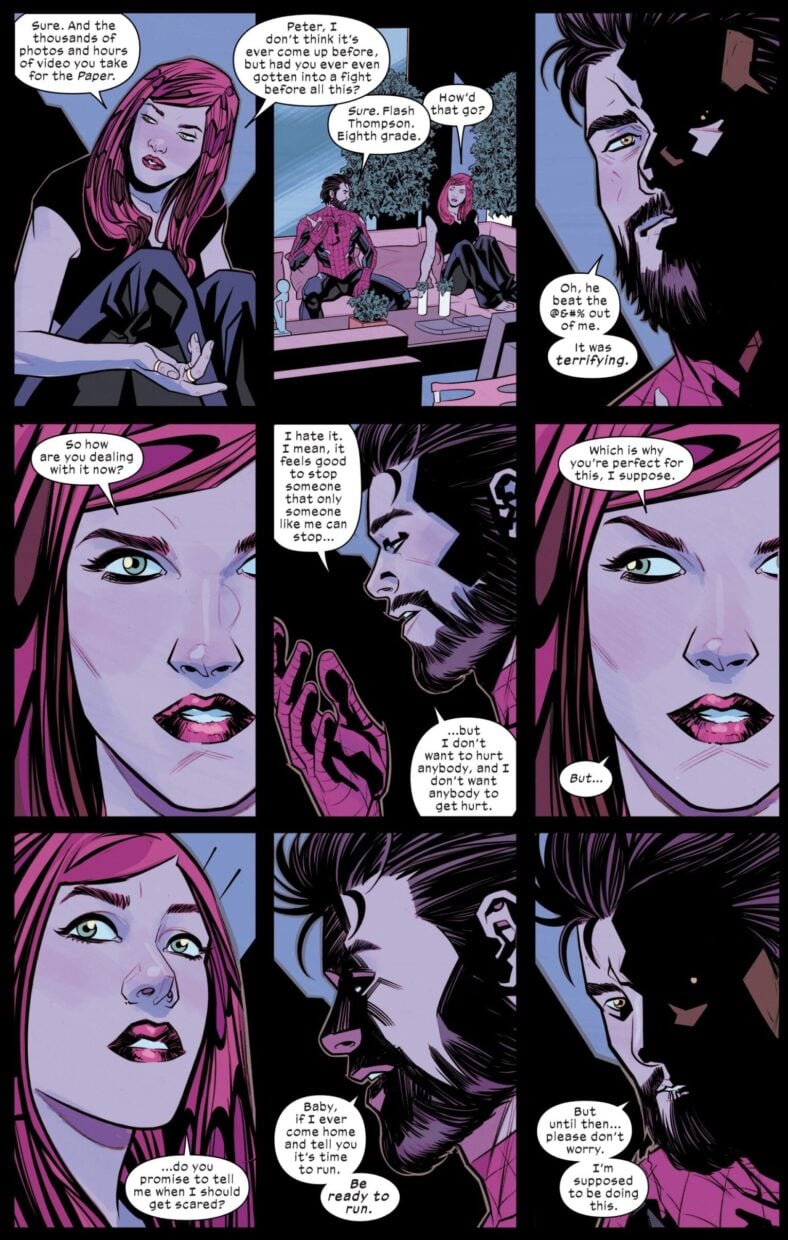 Peter and MJ have a talk about the former's new line of work in Ultimate Spider-Man Vol. 1 #1 (2024), Marvel Comics. Words by Jonathan Hickman, art by David Messina, Matthew Wilson, and Cory Petit.