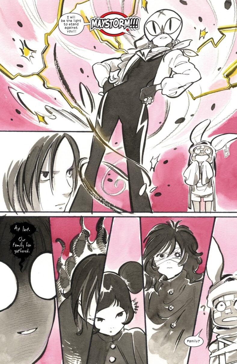 The X-Men assemble for the first time against the Shadow King in Ultimate X-Men Vol. 2 #14 (2024), Marvel Comics. Words and art by Peach Momoko.