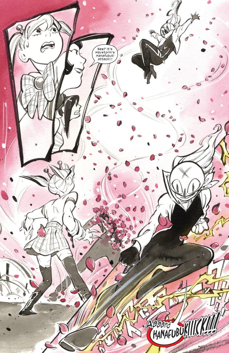 Maystorm does her best Kamen Rider impression in Ultimate X-Men Vol. 2 #14 (2024), Marvel Comics. Words and art by Peach Momoko.