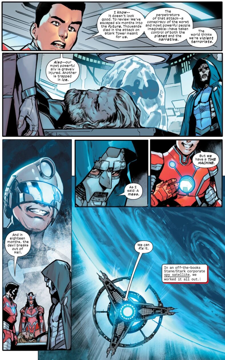 Tony Stark and Doom assess Earth-6160's current predicament in Ultimates Vol. 3 #5 (2024), Marvel Comics. Words by Deniz Camp, art by Juan Frigeri, Federico Blee, and Travis Lanham.