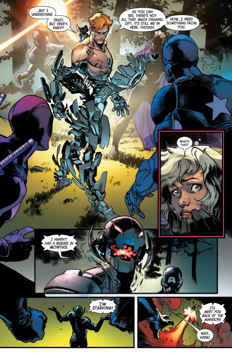 Hank Pym claims to have mastered his connection with Ultron in Uncanny Avengers Vol. 3 #10 "Who Are You Wearing?" (2016), Marvel Comics. Words by Gerry Duggan, art by Pepe Larraz, David Curiel, and Clayton Cowles.