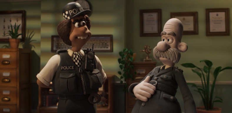 Chief Inspector Mackintosh (Peter Kay) teaches PC Mukherjee (Lauren Patel) the importance of a "copper's gut" in Wallace & Gromit: Vengeance Most Fowl (2024), Aardman Animations