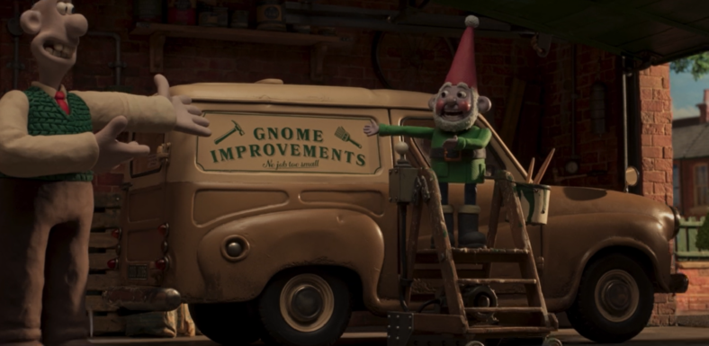 Wallace (Ben Whitehead) and Norbot (Reece Shearsmith) show off their new business in Wallace & Gromit: Vengeance Most Fowl (2024), Aardman Animations