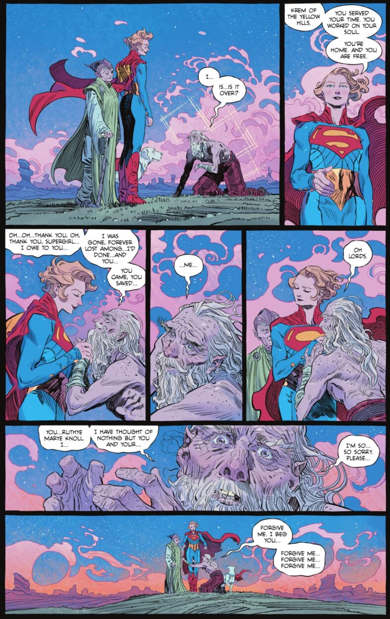 Supergirl releases Krem of the Yellow Hills from 300-years of Phantom Zone captivity in Supergirl: Woman of Tomorrow Vol. 1 #8 "Chapter Eight: Ruthye, Supergirl, and Krem of the Yellow Hills" (2021), DC. Words by Tom King, art by Bilquis Evely, Mat Lopes, and Clayton Cowles.