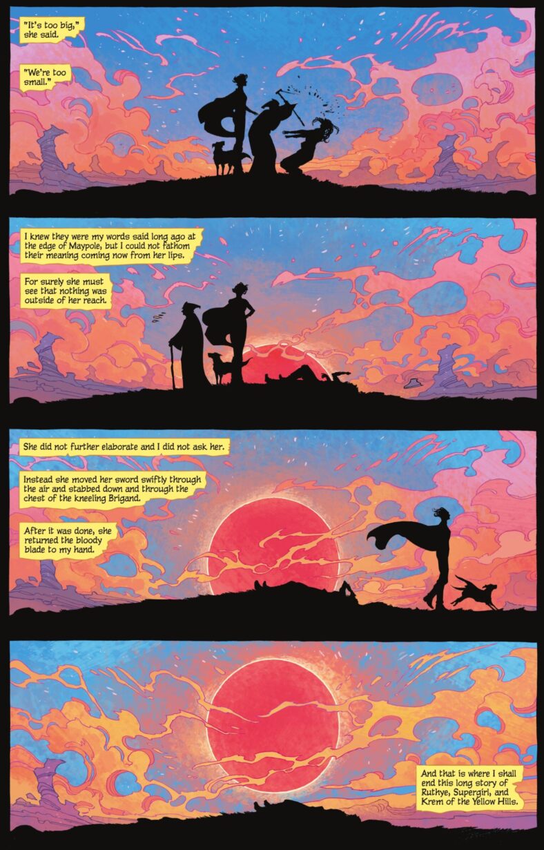 Supergirl stands by as Ruthye finally takes her revenge on Krem of the Yellow Hills in Supergirl: Woman of Tomorrow Vol. 1 #8 "Chapter Eight: Ruthye, Supergirl, and Krem of the Yellow Hills" (2021), DC. Words by Tom King, art by Bilquis Evely, Mat Lopes, and Clayton Cowles.