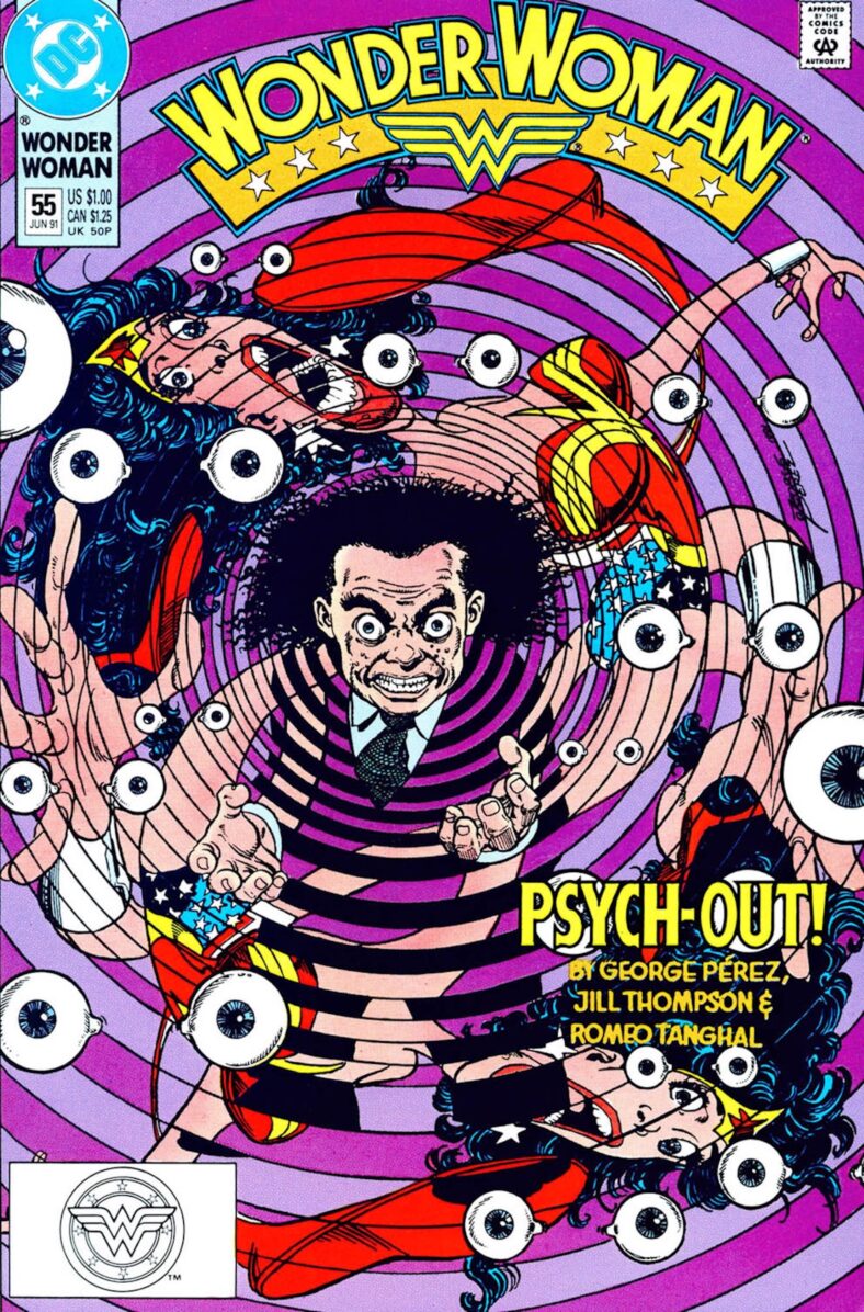Wonder Woman is overwhelmed by the power of Doctor Psycho on Goerge Pérez, Jill Thompson and Romeo Tanghal's cover to Wonder Woman Vol.2 Issue # 55 "Psycho Path" (1991), DC Comics