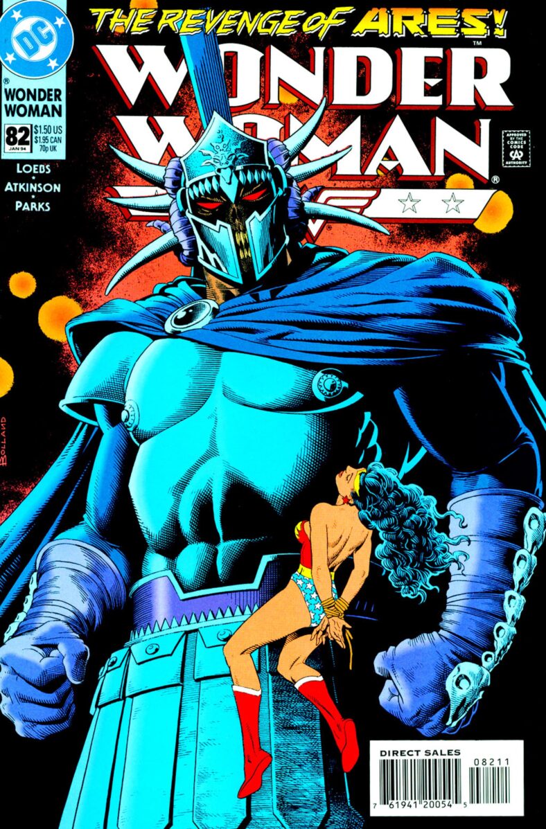 Ares stands tall in front of a hopeless Wonder Woman in Brian Bolland's cover to Wonder Woman Vol.2 Issue #82 "The Path To War" (1994), DC Comics