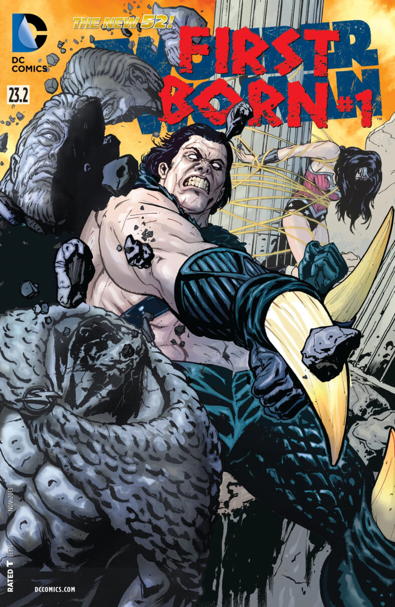 First Born, wielding his tusk club, while Wonder Woman is tied to a post in Brian Azzarello, Aco, and Victor Ibáñez Ramirez's cover to Wonder Woman Vol.4 Issue #23.2 "First Born" (2013), DC Comics