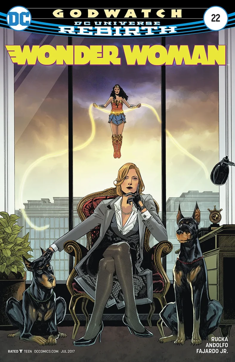 Wonder Woman flying with her lasso outside the window while Veronica Cale sits with Deimos and Phobos on Bilquis Evely and Romul Fajardo Jr.'s cover to Wonder Woman Vol. 5 Issue #22 "Godwatch, Part 4" (2016), DC Comics