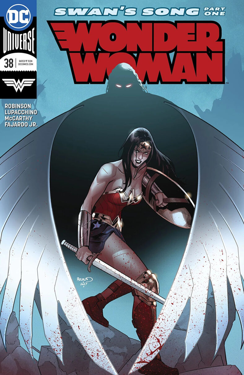Wonder Woman overshadowed and encircled by Silver Swan's wings on Paul Renaud's Cover to Wonder Woman Vol.5 Issue #38 "Swan's Song" (2016), DC Comics