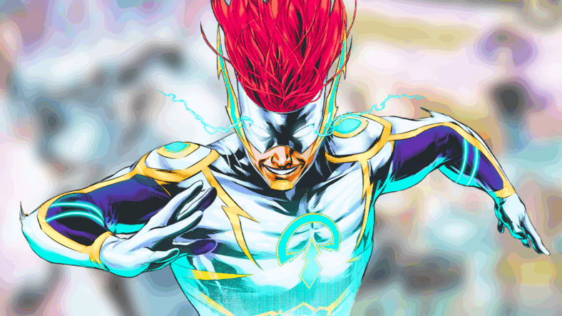 Blue-Shift lets the lightning run through him in RippaZine Vol. 1 #5 "Blue-Shift: Tryouts" (2025), Rippaverse. Words by Andrew Rodriguez, art by Edu Souza and Andrew Cramer.