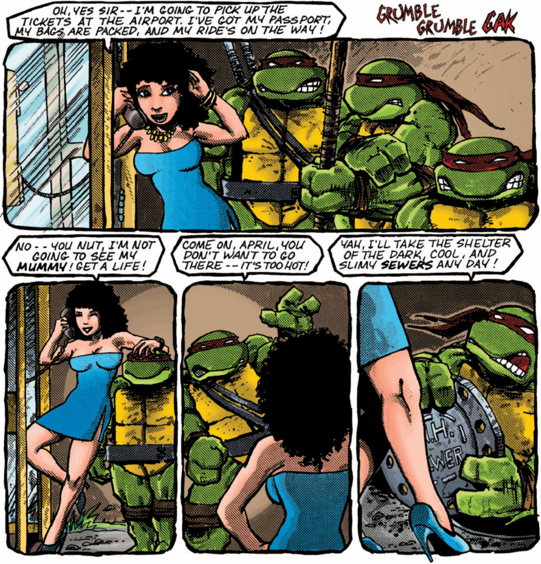 April O'Neil appears as intended in the IDW Classics Reprint of Teenage Mutant Ninja Turtles Vol. 1 #32 "Egyptian Adventure" (1990), Mirage Studios. Words and art by Mark Bodé, Kevin Eastman (inks on original B&W art only), Eric Talbot, Mary Kelleber.